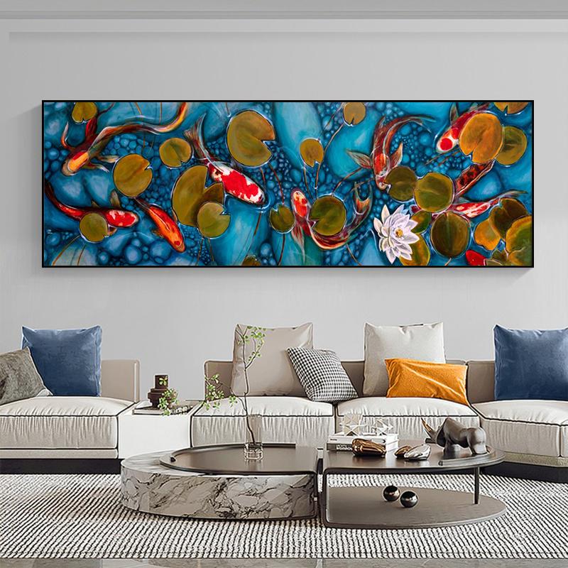 New Chinese Style Goldfish In the Lake Oil Painting Printed On Canvas Feng Shui Koi Lotus Posters for Living Room Decoration