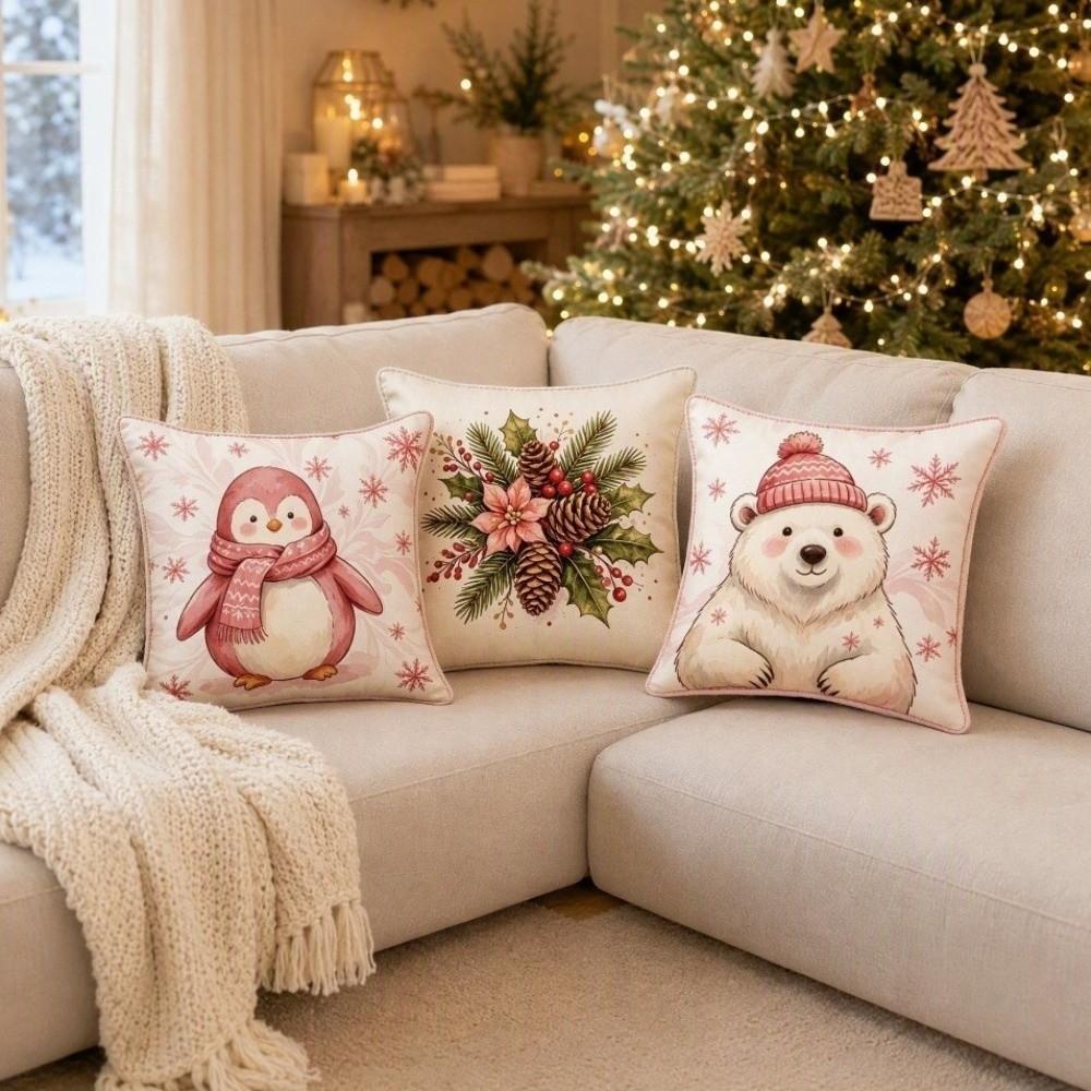 Soft Christmas Pillow Cover Pink Watercolor Style Santa Pillow Cover  Party Decoration