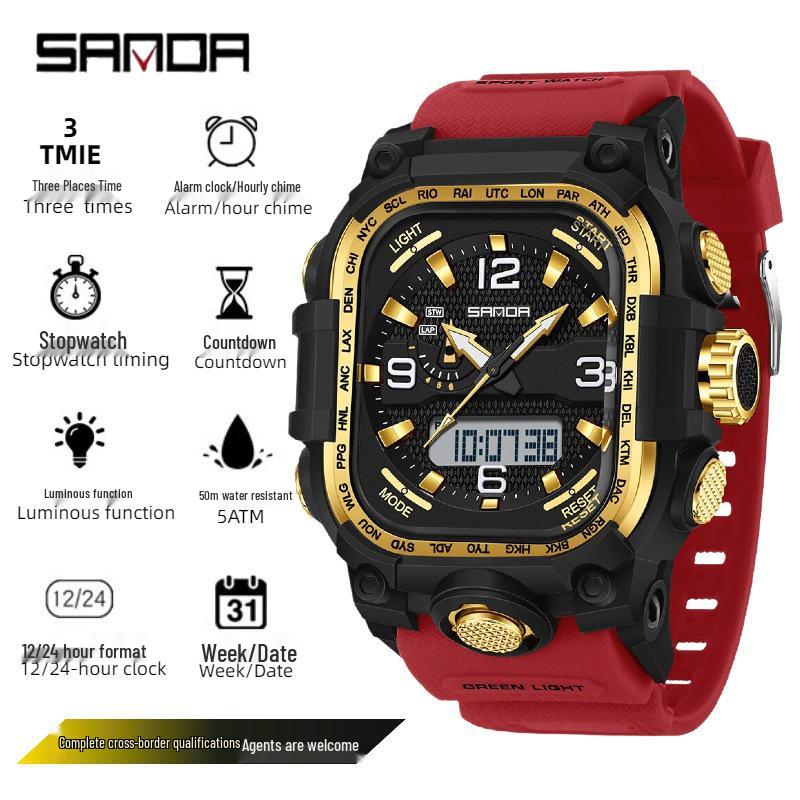 Sanda Men's Trendy Waterproof Multi-Functional Electronic Watches with Three-Time Zones for Casual Use