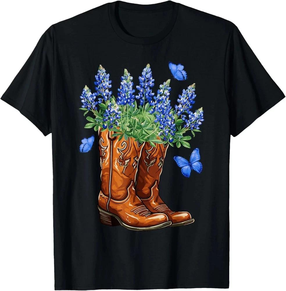 Texas Independence Day Cowgirl Boots Bluebonnet Flowers TShirt Unisex S