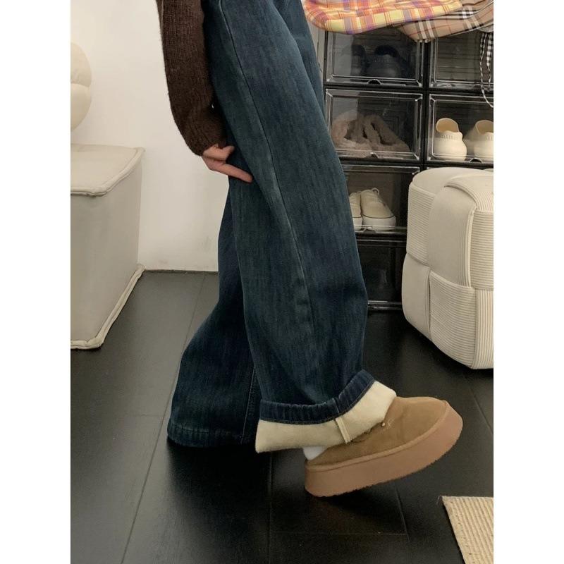 Fleece jeans for women, new autumn and winter new straight loose retro thickened wide-leg pants