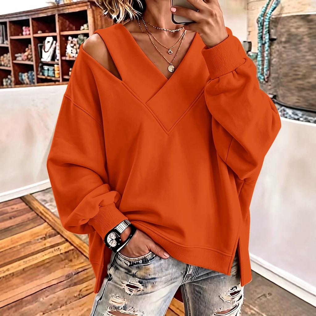Women S Solid Cross Collar Long Sleeve Loose Fit Sweatshirt