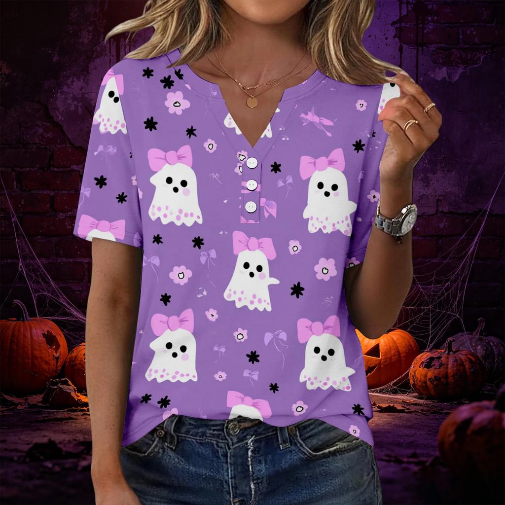 Women V Neck Short Sleeve Button Decor Top with Halloween Print Casual Loose Fit T Shirt for Daily Wear