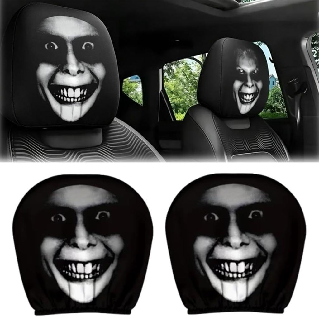 2pc Halloween Horror Face Printed Car Pillowcase Soft Washable Fabric Headrest Protector Universal Car Breathable Headrest Cover
