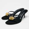 Fashion Sexy Open Toe Metal Decoration Designer Brand Sandals Women Black Round Toe Narrow Band Slide Sandals Comfort 42 Plus Size Shoes
