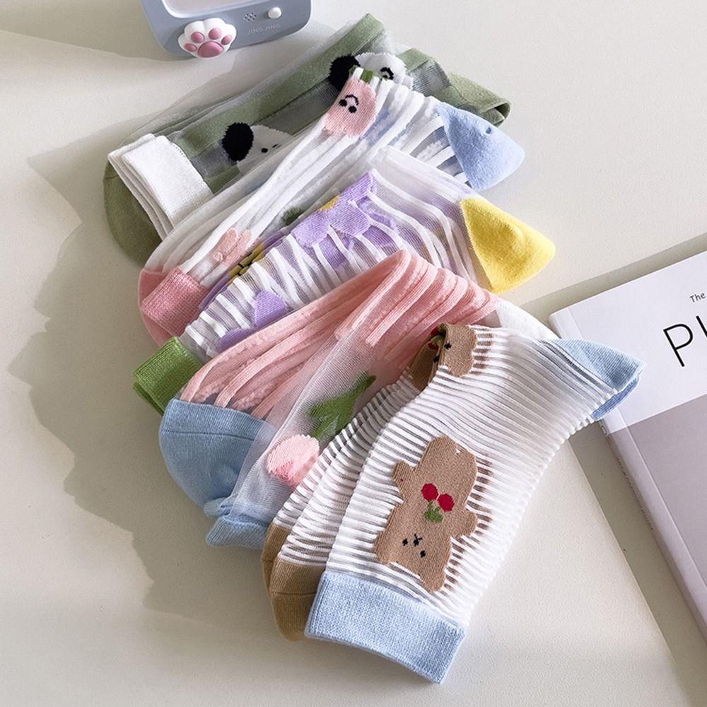 

Сетчатые милые стеклянные шелковые носки с мультяшными животными, женские чулочно-носочные изделия, средние носки-трубы, носки с цветами