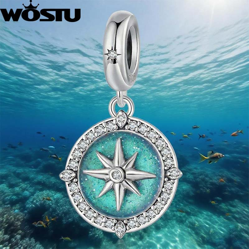 WOSTU 925 Sterling Silver Enamel Compass Pendant Charm For Women