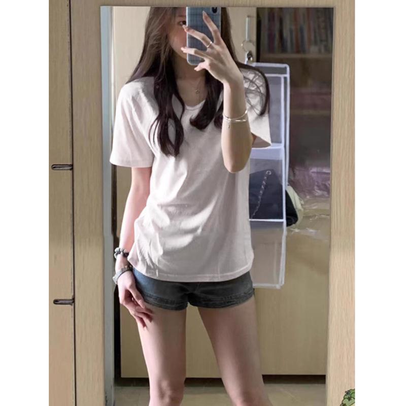 Women's Pink V-Neck Short-Sleeve T-Shirt - Summer 2026 Korean Style, Loose Fit, Slimming, Versatile Plain Color Half-Sleeve Top