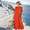 Women's Casual Loose Round Neck Short Sleeve Button Decor Ruched Pocket Midi A Line Linen Dress