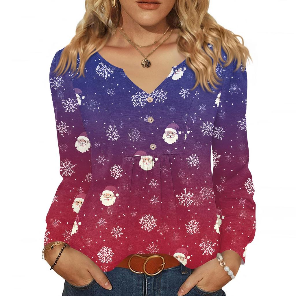 Women's Fashionable Casual V-neck Blouse Button Christmas Printed Long-sleeved Pullover T-shirt Top