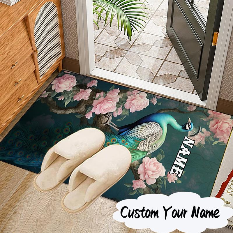 Custom Name Peacock Flowers Romance Rug for Living Room, Game Rooms, Office, Bedroom, Floor Mat Playful Design, Fan Gifts Christmas Decor