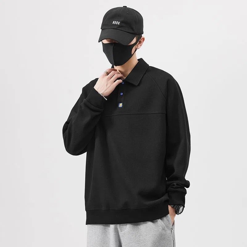 Men's Sweater Pullover Spring and Autumn Lapel Korean Fashion Polo Shirt Loose Long Sleeve Coat Men