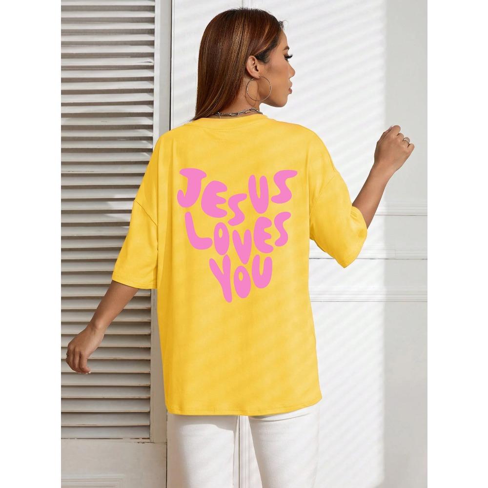Jesus Loves Me Letter Prints Female Cotton T-Shirts Fashion O-Neck Oversize Tops Casual Loose Soft Short Sleeve Women Clothing