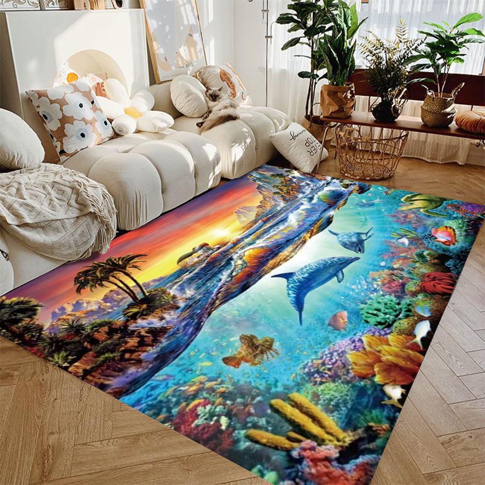 Large Dual Scene Ocean Area Rug Beach Sunset and Underwater World Living Room Bedroom Unique Decor Carpet Home Decoration Mat