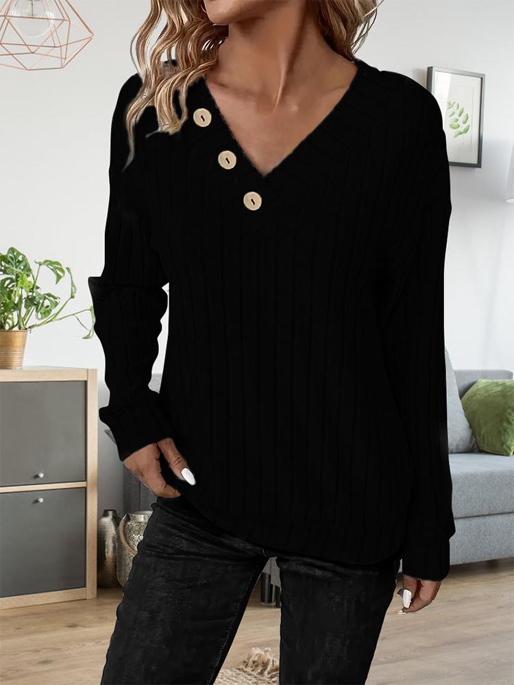 Autumn Winter Fashion V-Neck Loose Button T-Shirt Women Long Sleeve Striped Ladies Comfortable Solid Color Pullovers