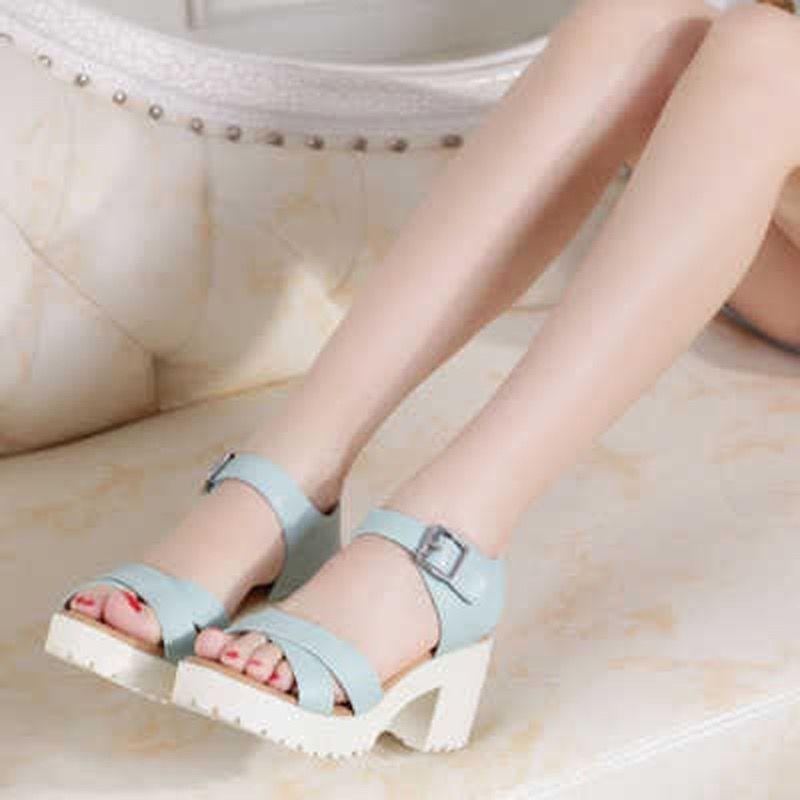 Sandalias de tacón grueso con hebilla de una palabra, talla pequeña 33 34, talla grande, zapatos de boca de pez grandes para mujer