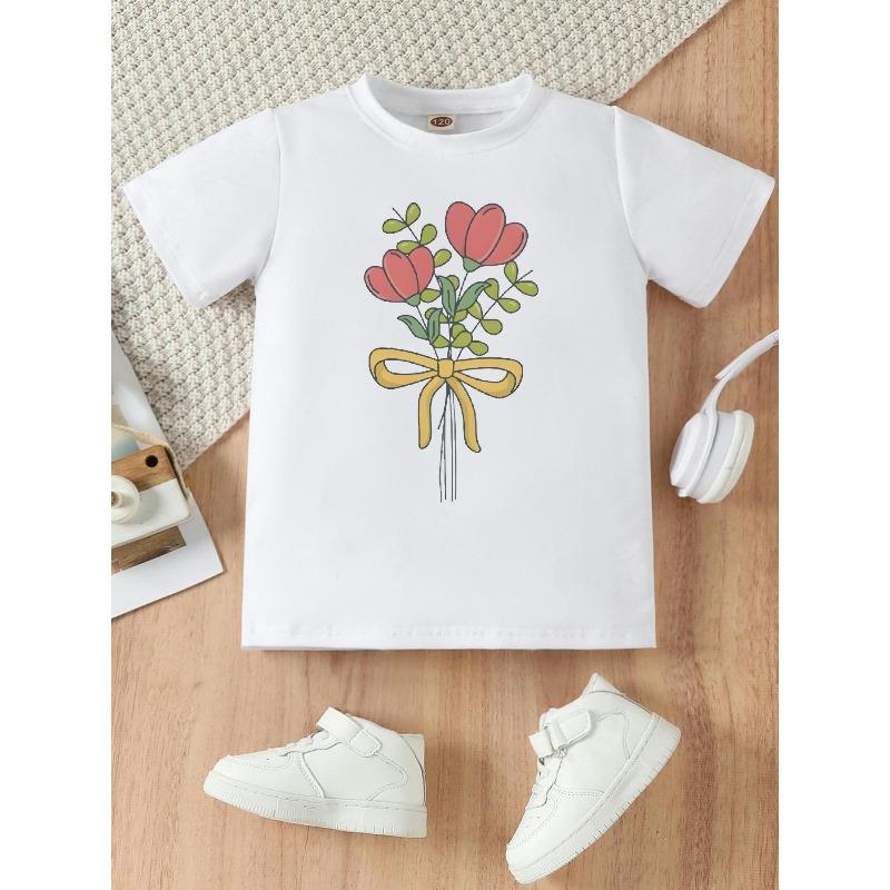 Taglie europee Bambini Questa Adorabile Maglietta Girocollo Presenta una Stampa Floreale a Tulipani, Rendendola una Scelta Casual e alla Moda per le Ragazze