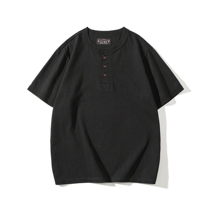 Retro Henry Neck Shirt Men's Short-sleeved T-shirt Summer Trendy Loose Large-size Pure Cotton Shirt