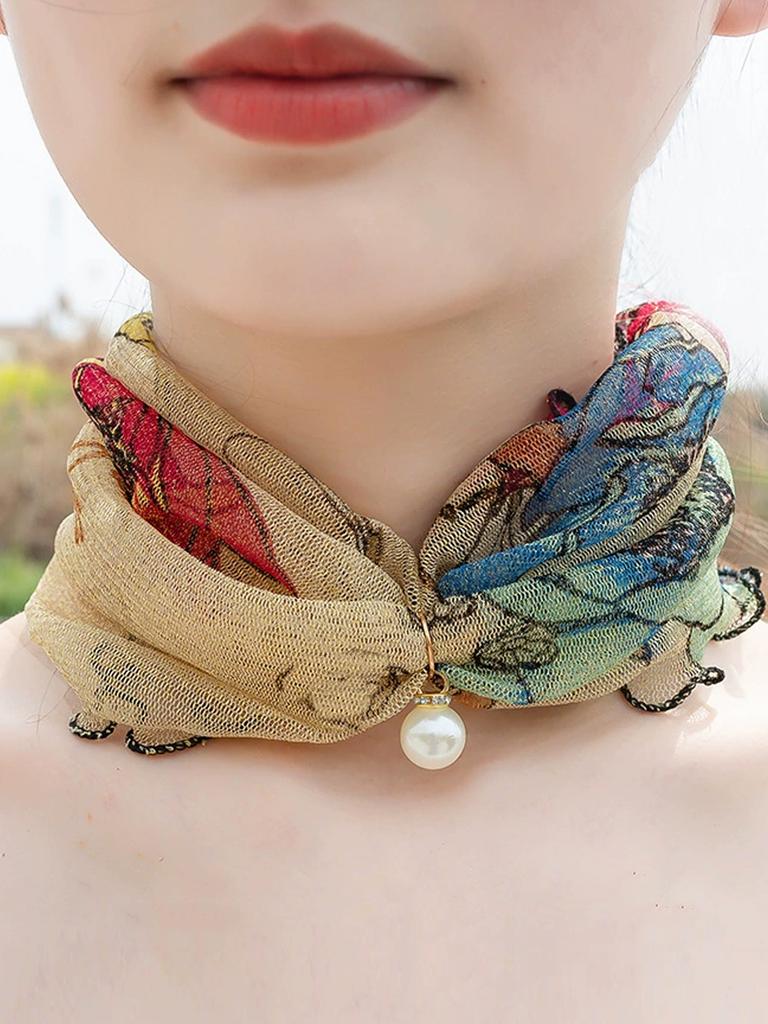 Women Gold Silk Ruffle Ring Scarf Fake Pearl Pendant Fashion Chiffon Neck Collar Thin Anti-UV  Neckerchief Hair Bandana Headban