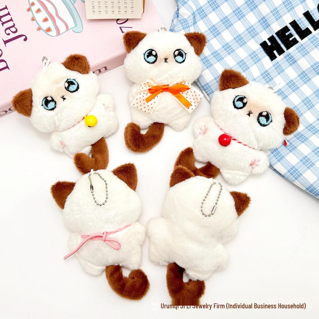 Cartoon Siamese Cat Plush Backpack Charm with Bell Ornament