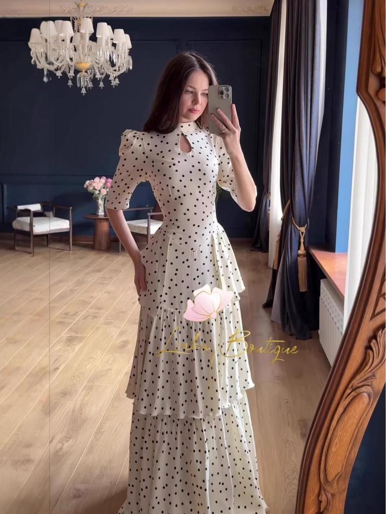 2025 Spring French Retro Polka Dot Short Sleeve Elegant Long Dress