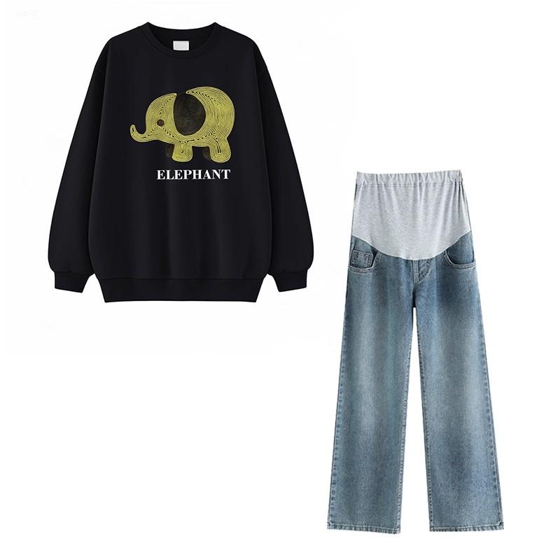 Korean Style Maternity Sweatshirt & Jeans Set - Spring/Autumn High-End Round Neck Outfit