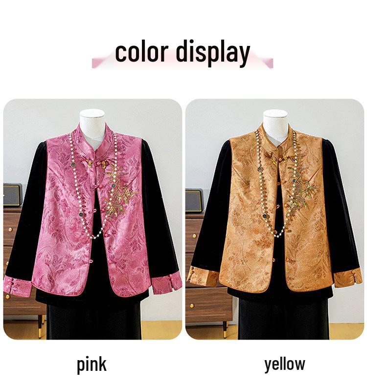 Stylish Frog Button Vest Suit: Elegant Spring Outfit with Chinese Embroidery for Middle-Aged and Elderly Women