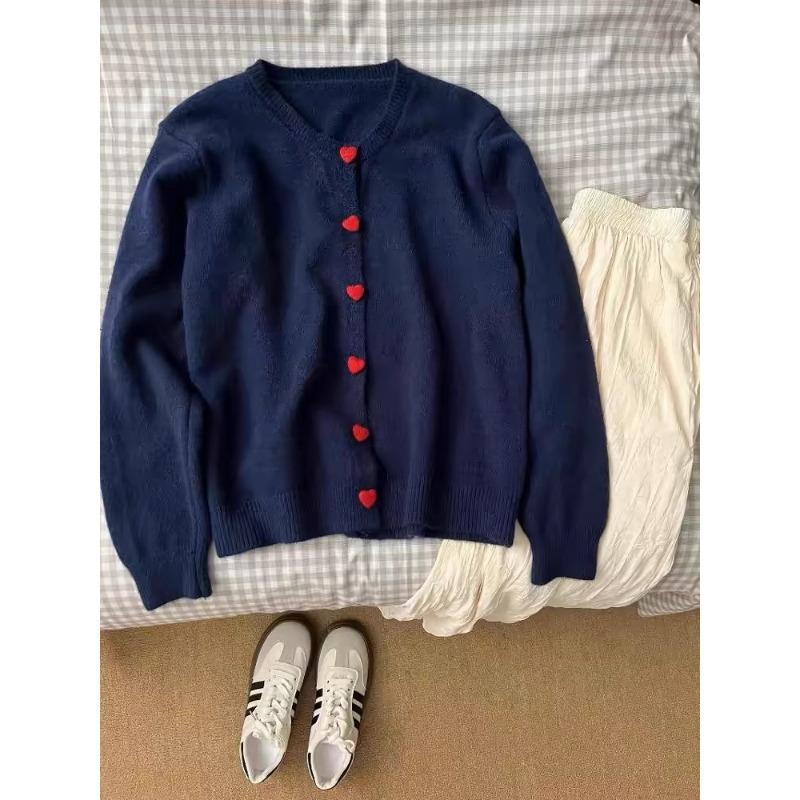Liebes-Knopf-Pulloverjacke für Damen 2025 Herbst Neu Locker Rundhalsausschnitt Strick-Cardigan Top