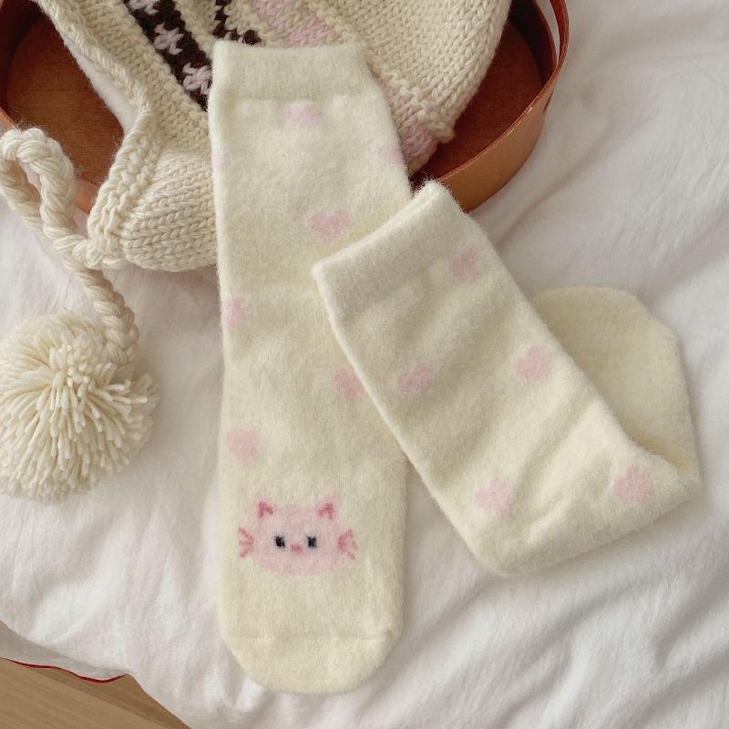 Winter Fleece Thickened Socks - Soft and Warm Mid-calf Socks in Pink, Cute Cartoon Design, Australian Wool Fluffy Socks