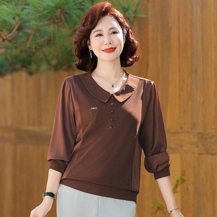 2025 Spring & Autumn Elegant Long Sleeve Lapel T-Shirt for Middle-Aged and Elderly Women - Tummy Covering Base Layer