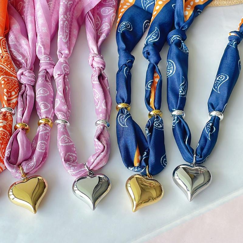 Cutie Bandana Scarf Necklace With Stainless Steel Heart Charm Handmade Jewelry Gift For Mother Wife Girls