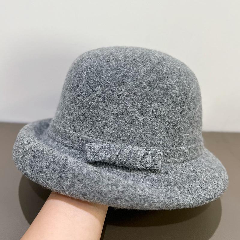 2025 Korean Version Autumn and Winter Bow Fisherman Hat Wool Woolen Basin Hat British Retro Felt Hat Children