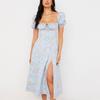 Sommer Damen Französisches Frisches Florales Midi-Kleid, Quadratischer Ausschnitt Kurzarm Lässiges Kleid für Europäische Amerikanische Damen