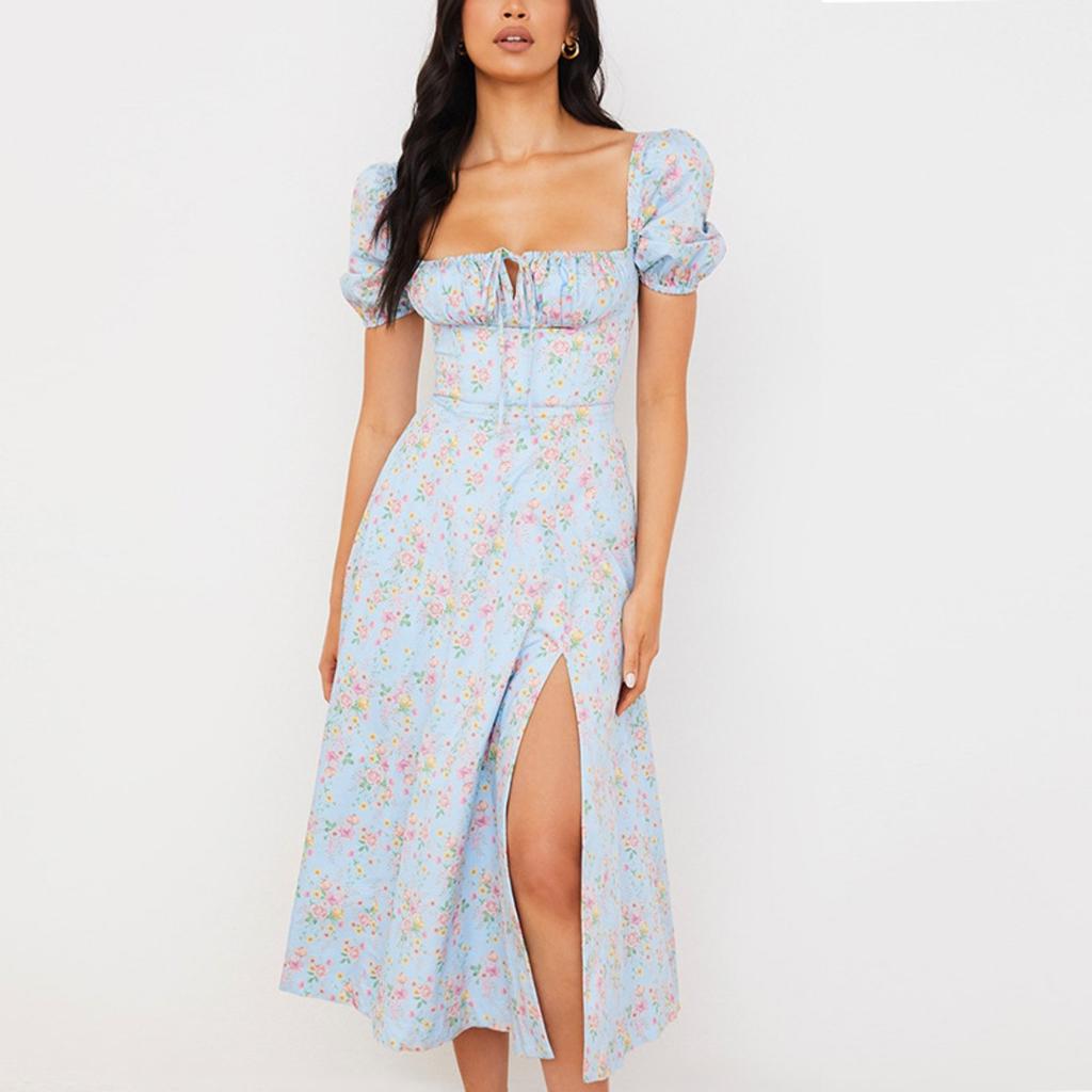 Sommer Damen Französisches Frisches Florales Midi-Kleid, Quadratischer Ausschnitt Kurzarm Lässiges Kleid für Europäische Amerikanische Damen