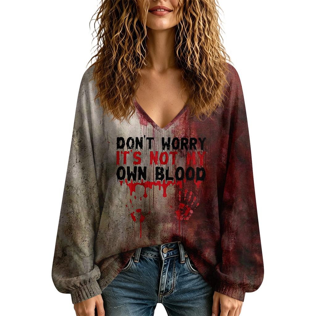 Women's V-Neck Halloween Fall Top for Seasonal Celebrations Comfortable Everyday Shirt
