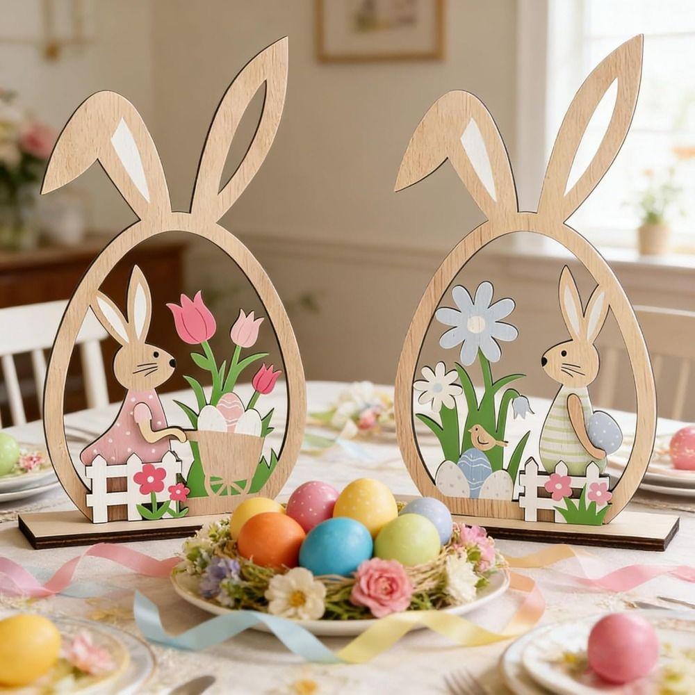 2Pcs Farmhouse Rustic Easter Bunny Ornament Hand-Painted Easter Table Decor  Table Mantel