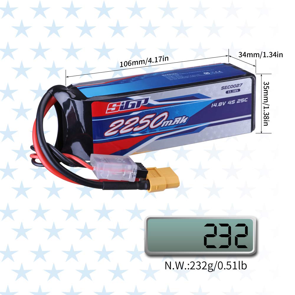 SIGP 4S 14.8V RC LiPo 25C 2250mAh with XT60 Plug for RC Airplanes, Quadcopter, Helicopter Drones, FPV Racing, and Hobbies