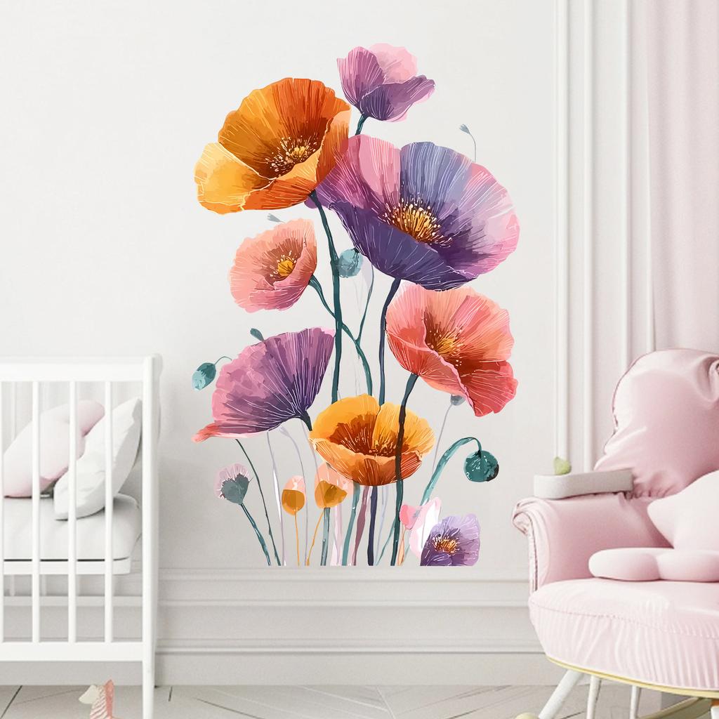 Creative Poppy Flower Wall Sticker for Bedroom Living Room Study Wall Decoration