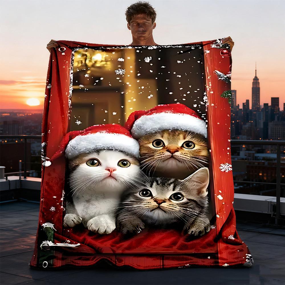 1pc Christmas Cats Outdoor Flannel Blanket Soft All Season Polyester Throw , Perfect for Picnics & Travel , Picnic Accessory