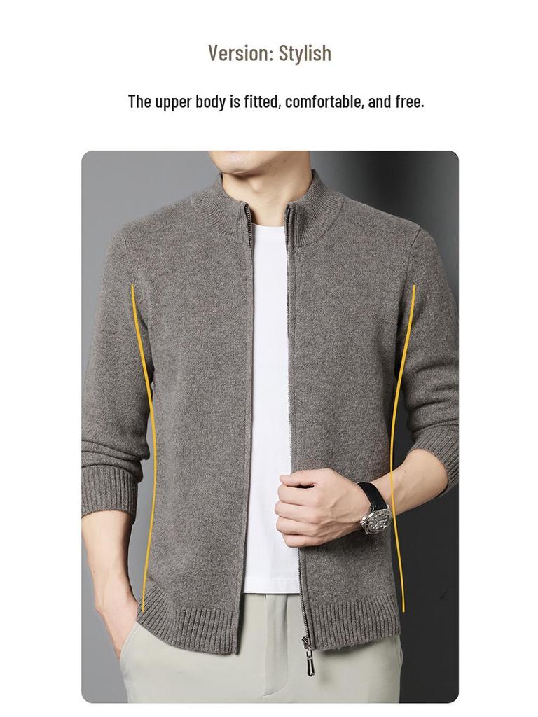 Męski gruby wełniany sweter rozpinany, kołnierz stojący, 520g, gruba gładka tkanina, casualowa ciepła odzież wierzchnia na zimę.