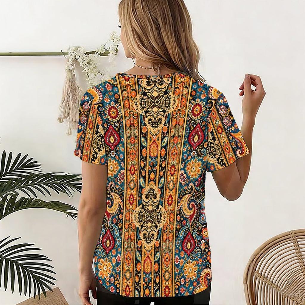 Women Plus Size U Neck Short Sleeve Printed T Shirt Geometric Pattern Navy Blue Curved Hem