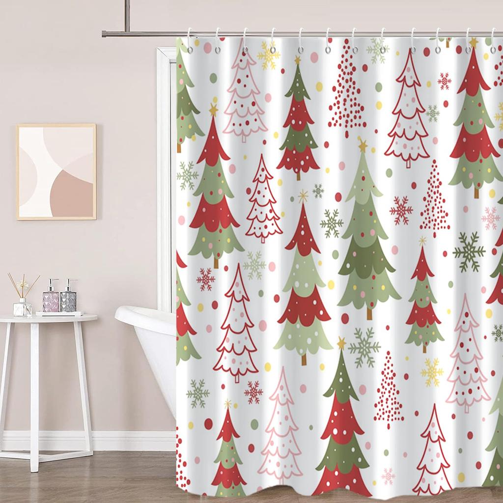 Christmas Shower Curtain Winter Snowy Landscape Forest Shower Curtain Xmas Pine Tree Bath Curtain with Hooks Home Bathroom Decor