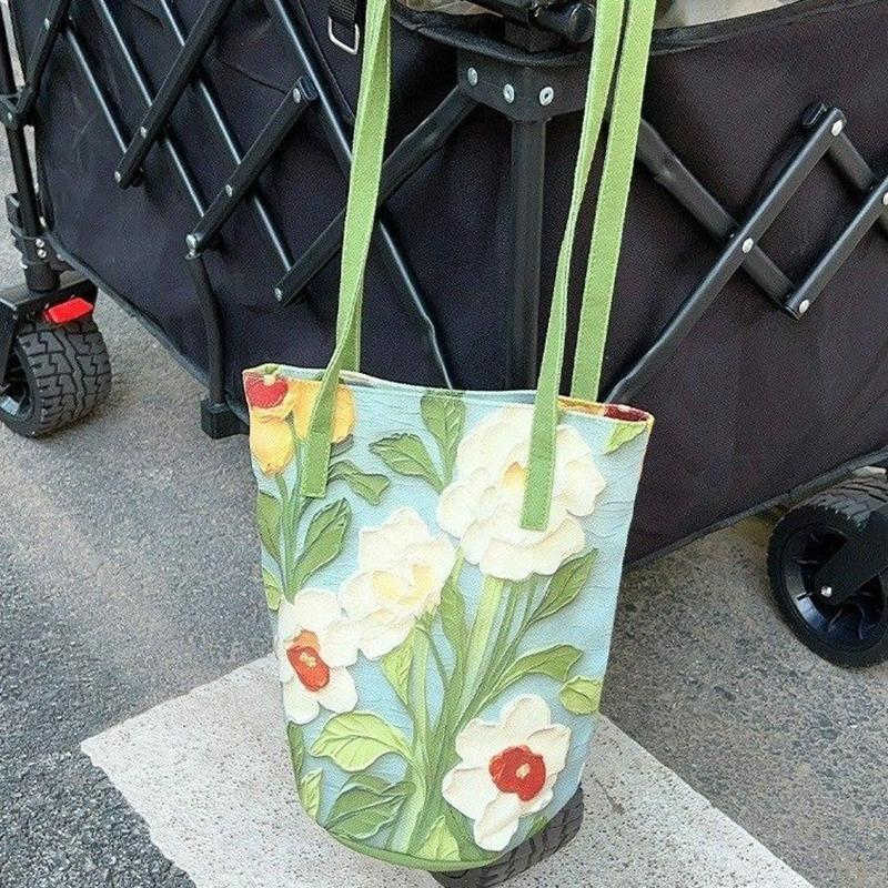 Nová velkokapacitní taška Bucket Bag, módní crossbody taška, ležérní, všestranná úložná taška přes rameno, akvarelový květinový vzor, ​​denní dojíždění, plátěná taška