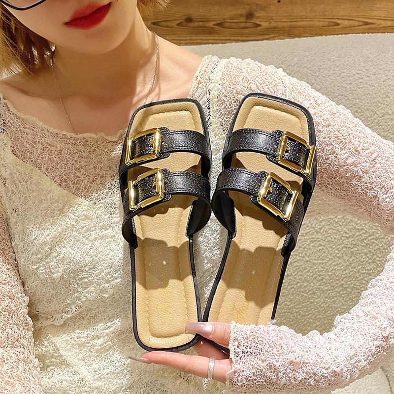 Slippers Women's Outer Wear Summer New Square Head One-word Drag Casual Flat Bottom Non-slip Beach Cool Slippers