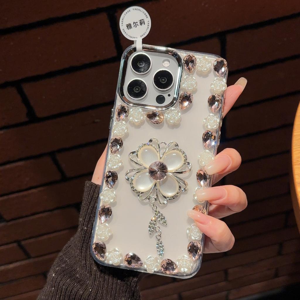 Applicable To OPPO FindX9 Four-leaf Clover Luxury Rhinestone Mobile Phone Case Three-dimensional Advanced Sense RENO14 Transparent Plating