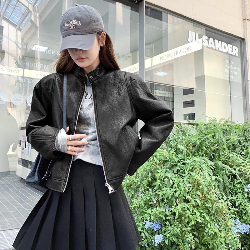 American Ankola Women's Red Retro PU Leather Jacket - Autumn 2024 Fashion