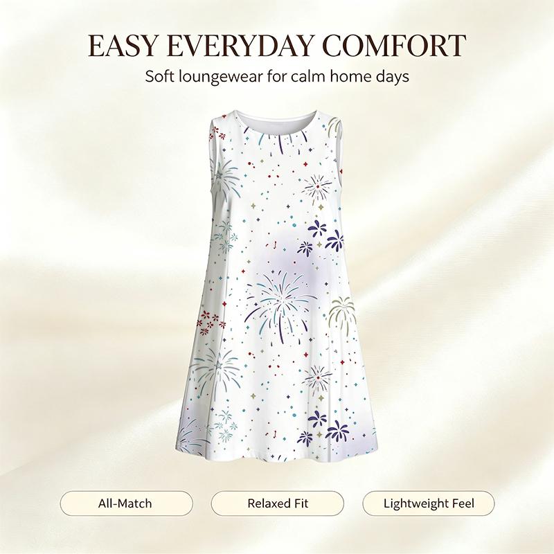 Women Firework Print Sleeveless Mini Dress, Round Neck Loose Casual Sundress