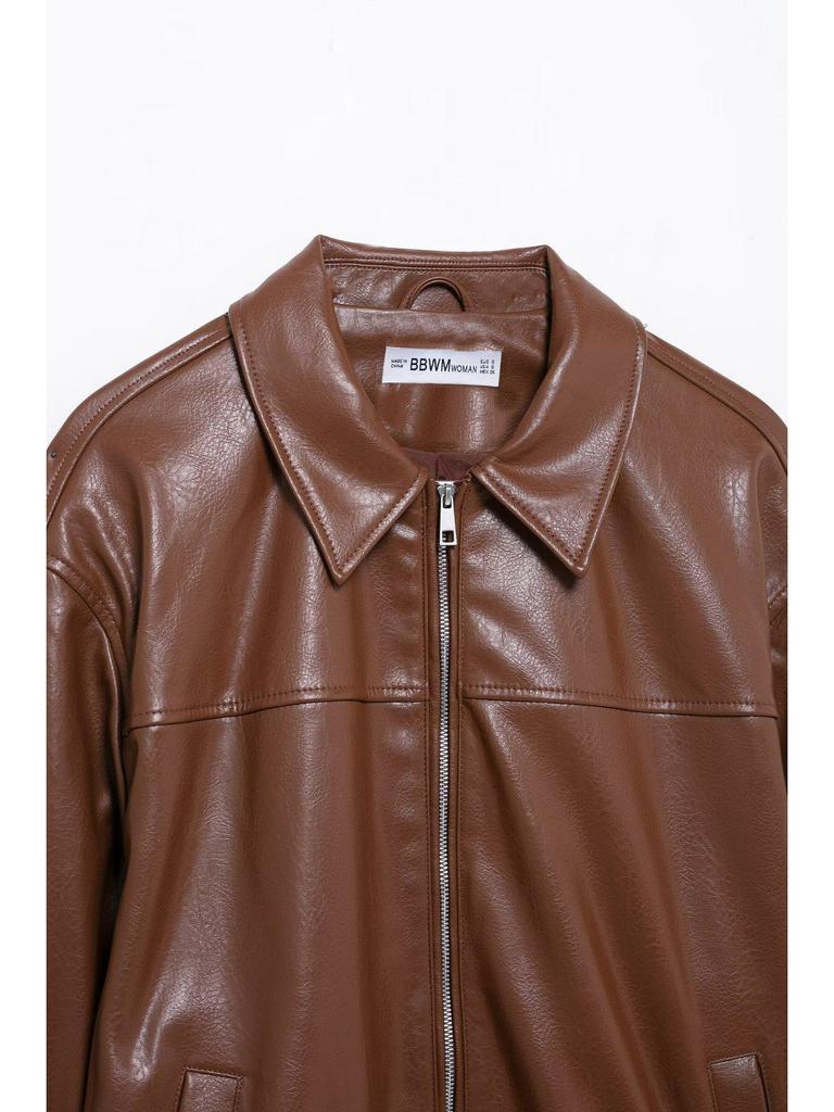 European and American Women's Fashion 2025 Spring Pilot Long Sleeve Faux PU Jacket