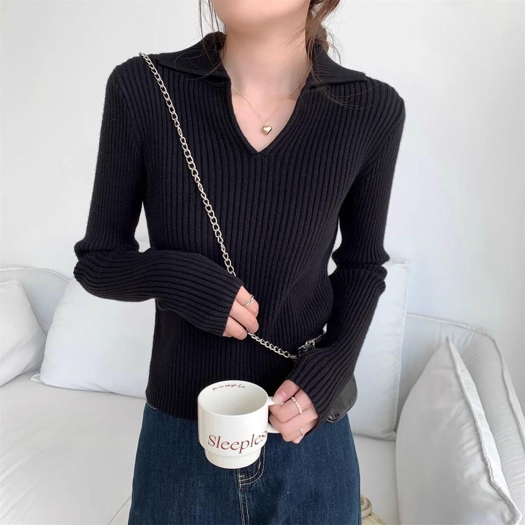 Autumn Winter Women's Polo Collar Knit Sweater Slim-fit Long Sleeve Solid Color Pullover Sweater Stretch Knit Polo Top