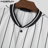 INCERUN Men Collarless Striped Short Sleeve Buttons T-shirts Stitching Summer Tops
